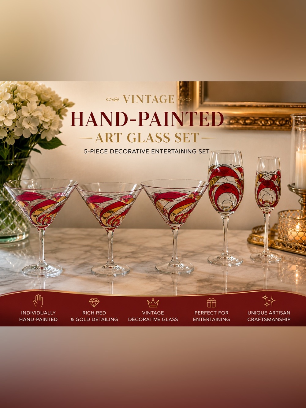 Vintage hand painted Martini glasses -collectable set of 5